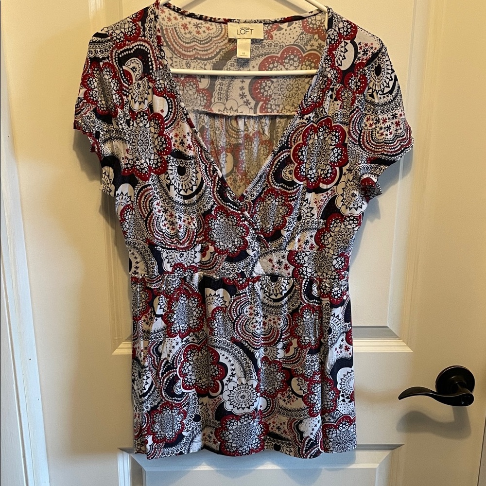 LOFT Women's Paisley V-Neck Blouse - Red, Blue, and White